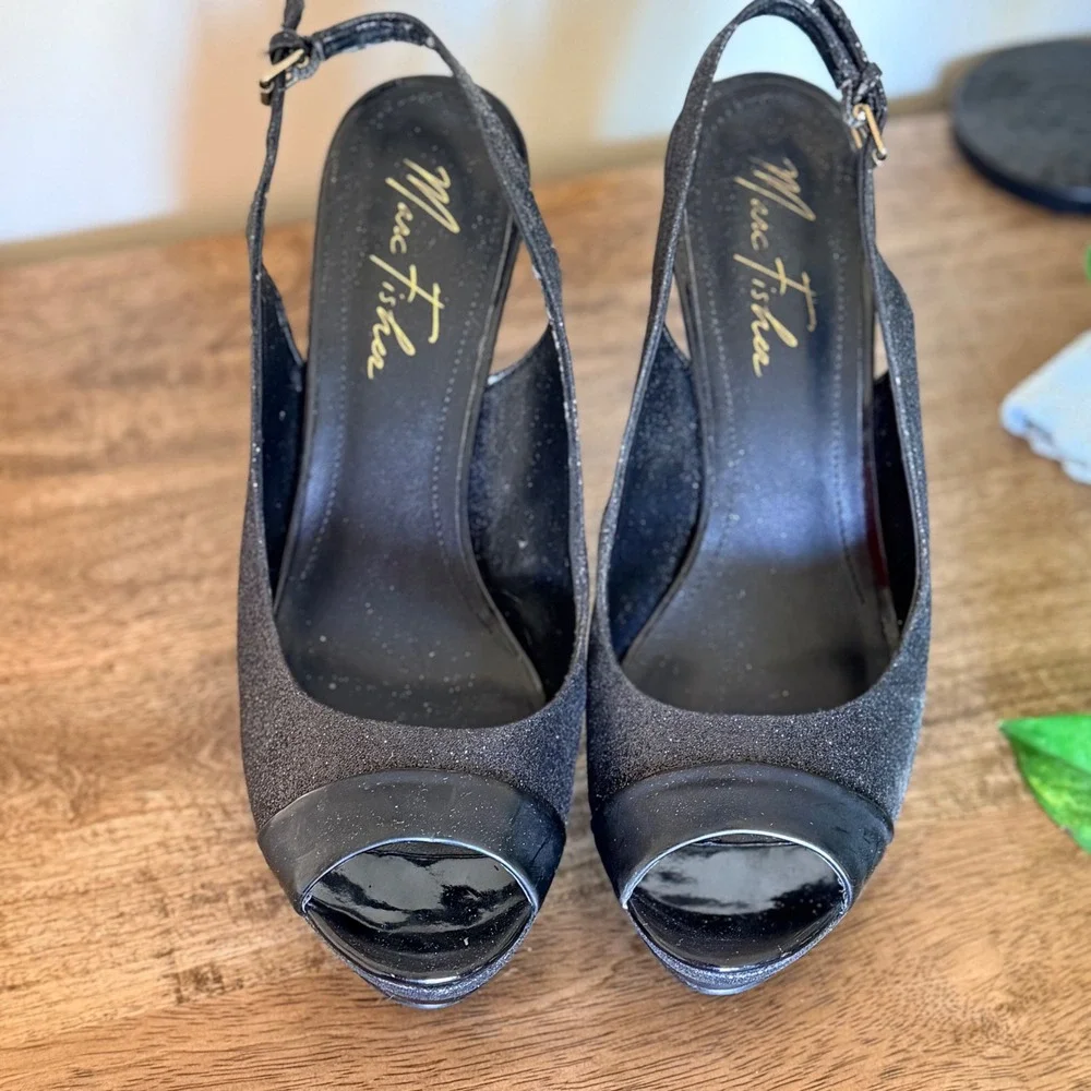 Marc Fisher Slingback Heels Women 8M Black‎ Glitter Peep Toe Platform Pump 5179